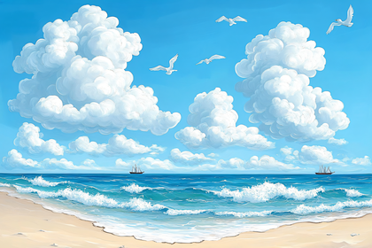 Serene Beach Scene with Clouds and Sailboats