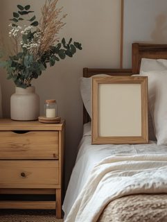 Serene Bedroom Still Life with Wooden Frame Mockup