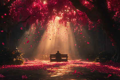 Serene Bench Under Blossoming Canopy