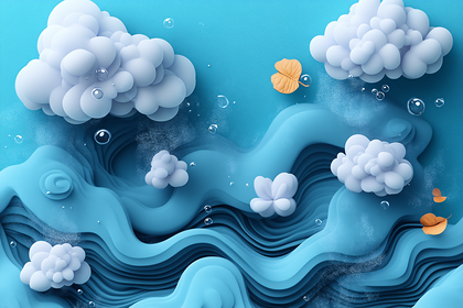 Serene Blue Cloudscape with Floating Leaves