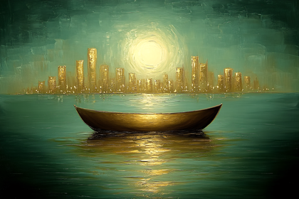 Serene Boat on Water with Cityscape at Sunset