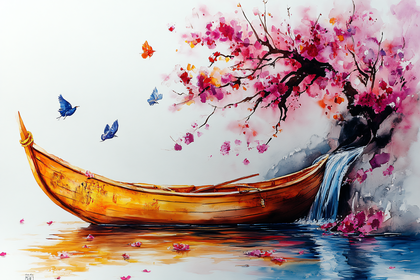 Serene Boat Under Cherry Blossoms