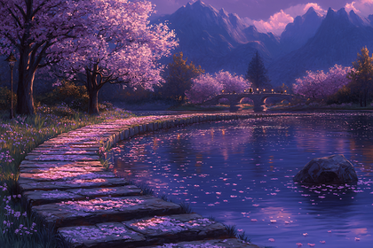 Serene Cherry Blossom Lake at Twilight