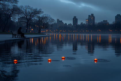 Serene Cityscape Reflection with Floating Candles