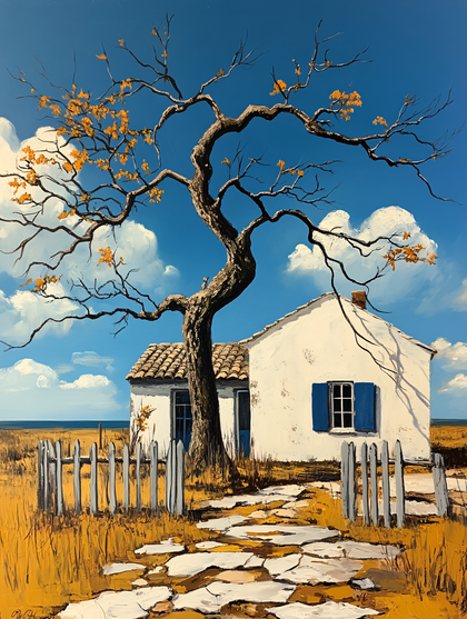 Serene Countryside House with Bare Tree