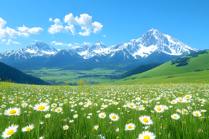 Serene Daisy Meadow and Mountain Vista