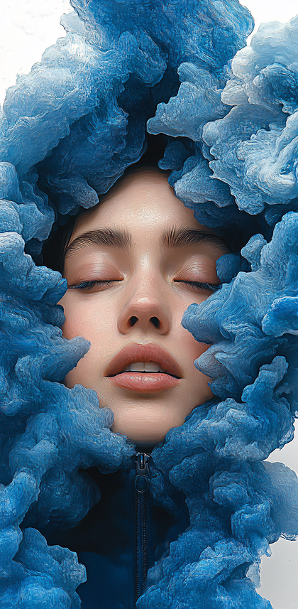 Serene Face Enclosed by Blue Clouds