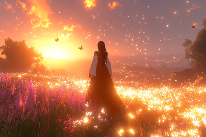 Serene Field With Glowing Flowers and Butterflies