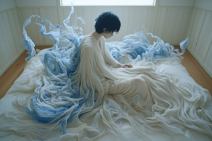 Serene Figure in Blue and White Fabric