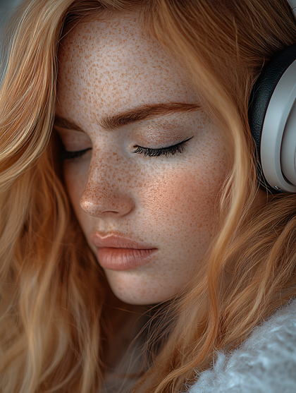 Serene Freckled Woman with Headphones