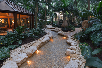 Serene Garden Stream With Restaurant At Dusk
