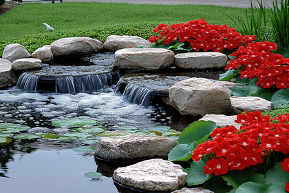 Serene Garden Waterfall with Red Flowers