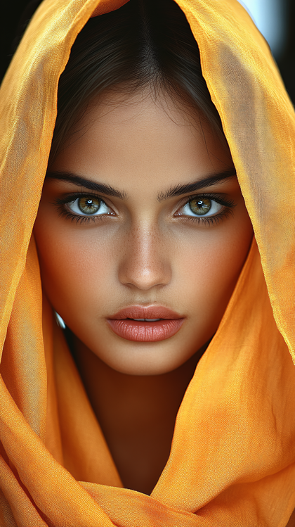 Serene Gaze Under Orange Veil