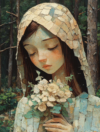 Serene Girl with Flowers in Forest