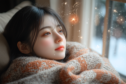 Serene Girl Wrapped in Blanket Looking Out Window