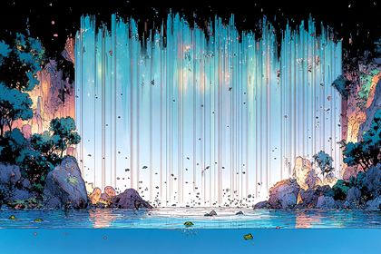 Serene Glitch Waterfall Landscape
