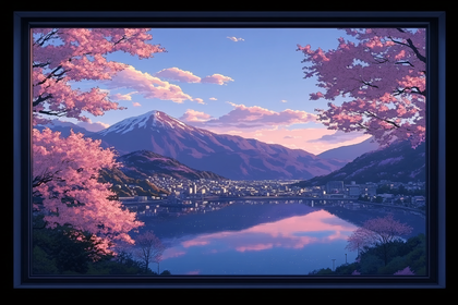 Serene Lake and Mountain View with Cherry Blossoms