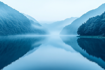 Serene Lake in Misty Mountains