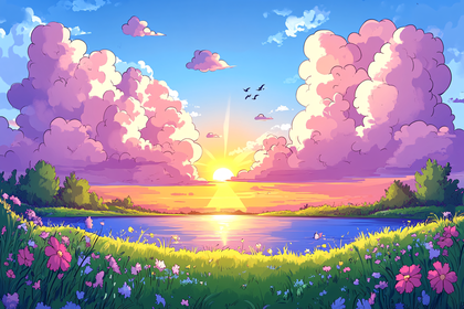 Serene Lake Sunset with Pink Clouds