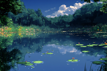 Serene Lake With Lily Pads And Dragonflies