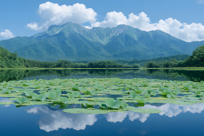 Serene Lake With Lotus Pads And Mountain Backdrop