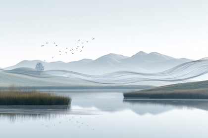 Serene Lakeside Landscape with Birds