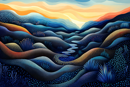 Serene Landscape with Wavy Hills and Sunset