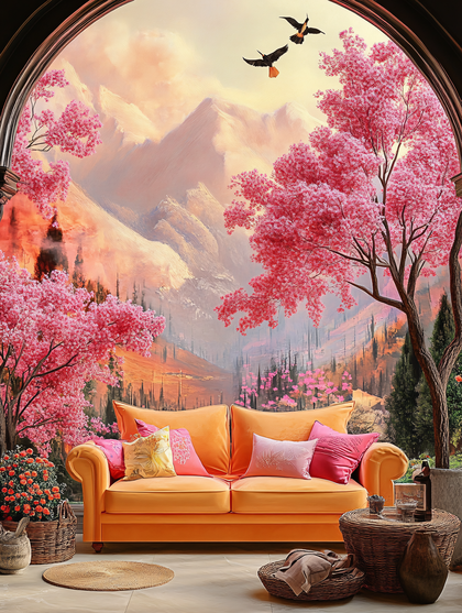 Serene Living Room with Blossoming Tree View