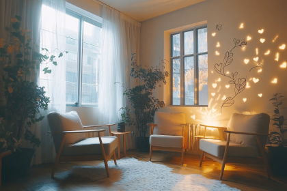 Serene Living Room with Warm Light and Foliage