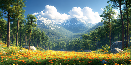 Serene Meadow With Snowy Mountains