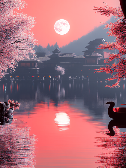 Serene Moonlit Village with Cherry Blossoms