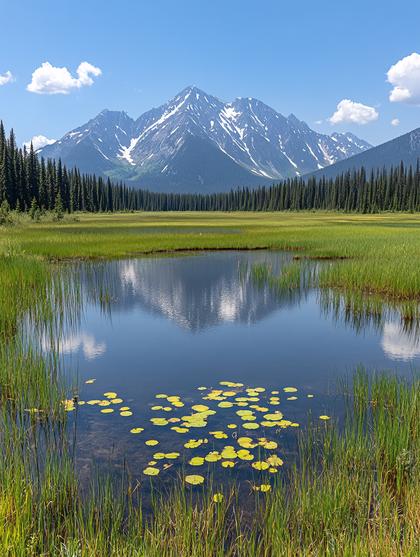 Serene Mountain Lake Scene With Lily Pads