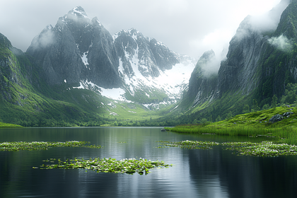 Serene Mountain Lake with Lily Pads