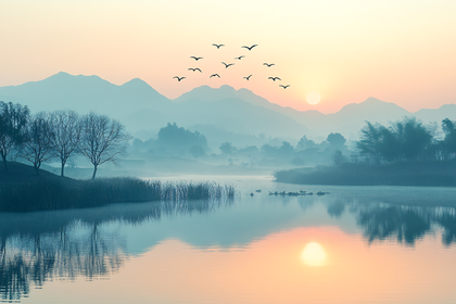 Serene Mountain Sunrise Over Lake