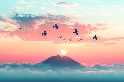 Serene Mountain Sunrise with Smiling Birds