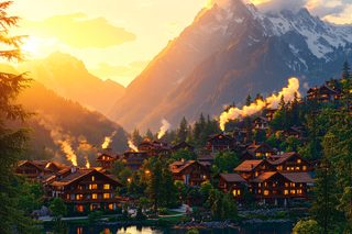 Serene Mountain Village at Sunset