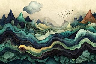 Serene Mountainscape with Flying Birds