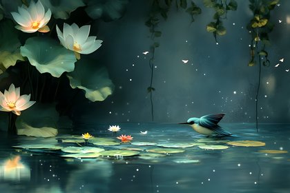 Serene Pond with Lotus and Kingfisher