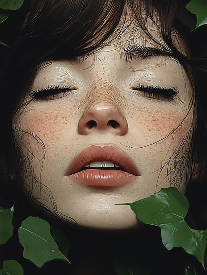 Serene Portrait of a Woman with Freckles and Leaves