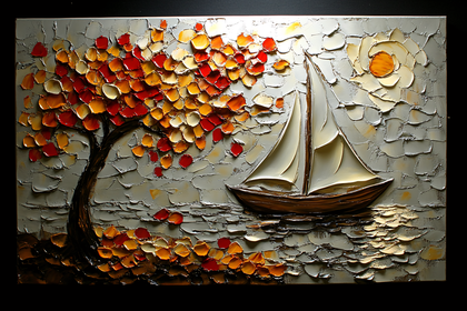 Serene Seascape with Tree and Sailboat