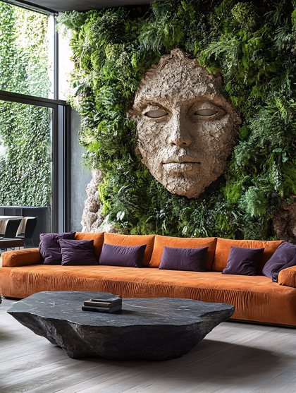 Serene Stone Face Sculpture with Greenery in Modern Interior
