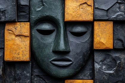 Serene Stone Mask Embedded in Block Wall