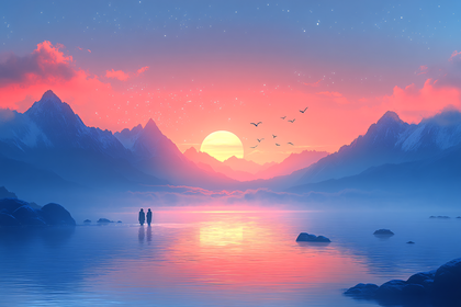 Serene Sunset Lake with Mountains