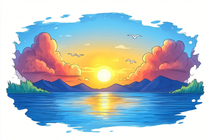 Serene Sunset Over Lake And Mountains