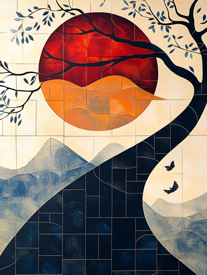 Serene Sunset Tree and Mountain Landscape