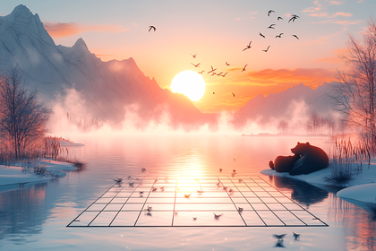 Serene Sunset With Bears And Grid