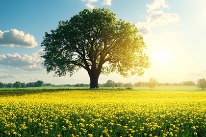 Serene Tree in Blooming Meadow