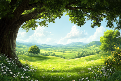 Serene Valley View Under Tree Canopy