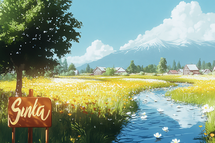 Serene Village Landscape with Flowered Meadow