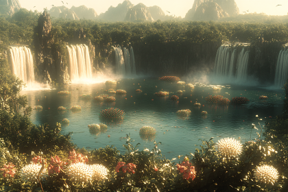 Serene Waterfall Landscape with Floating Floral Islands
